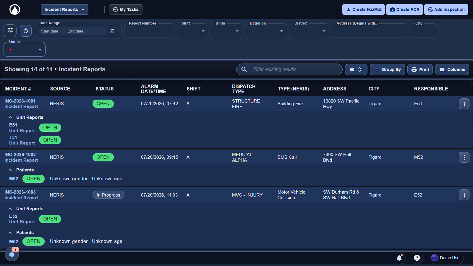 AoS Fire — incident reporting